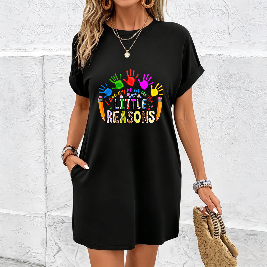 Colorful Handprint Little Reasons Dress Cotton T-Shirt in Black