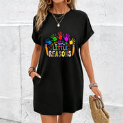 Colorful Handprint Little Reasons Dress Cotton T-Shirt in Black