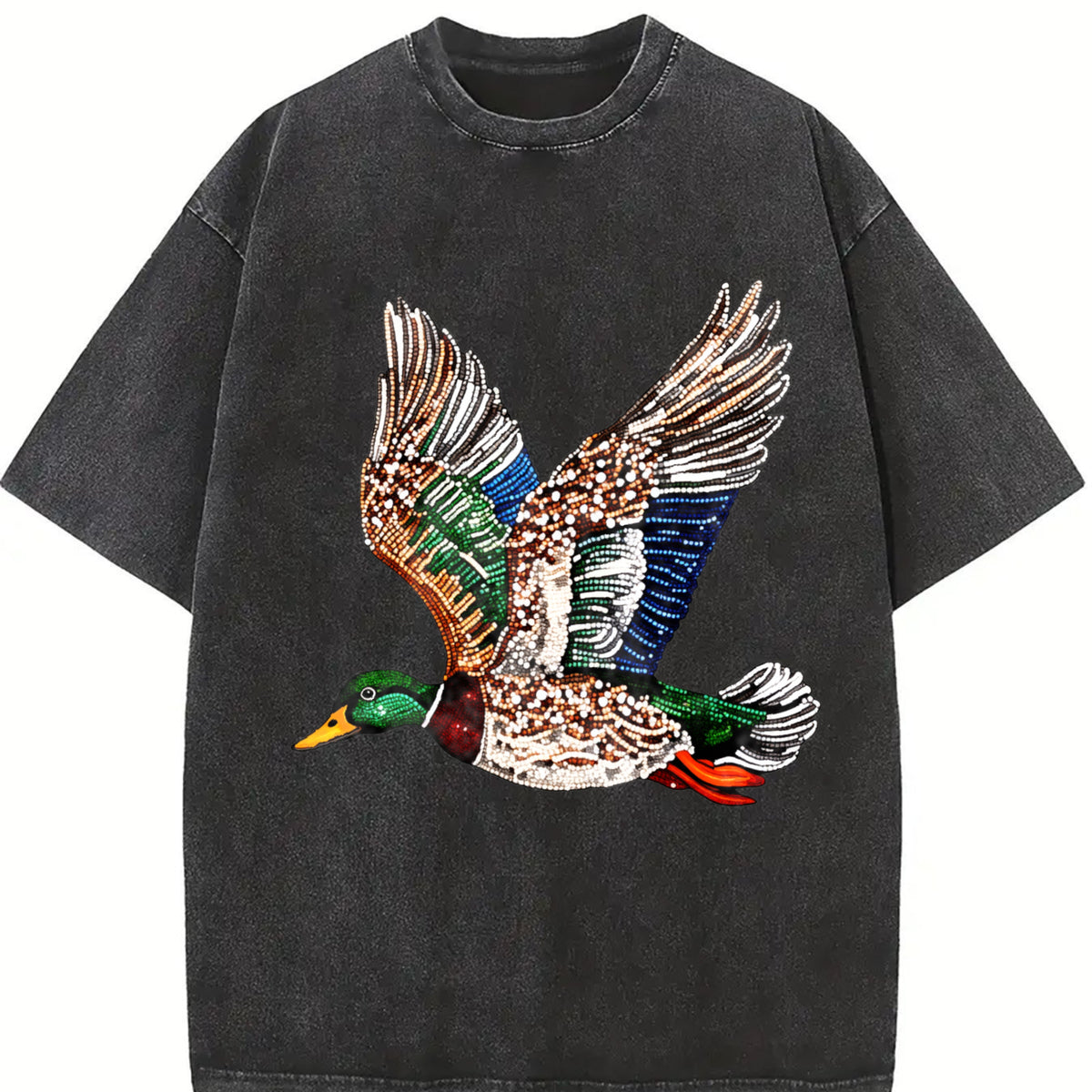 Faux Rhinestone Mallard Duck Flying : Hunting Lover vintage washed oversized T-shirt in Black