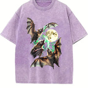 Bats Howling to Moon 90s Vintage Washed T-Shirt in Purple