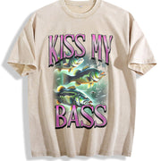 Kiss My Bass Fishing Vintage Washed T-Shirt in Beige