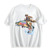 Cowboy Riding Trout Western Fishing Retro Cotton T-Shirt in White