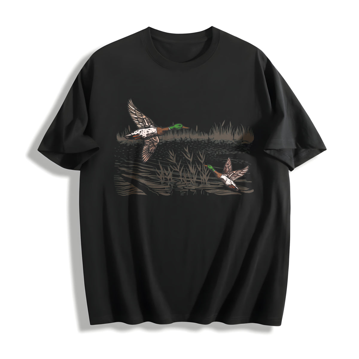 Retro Mallard Ducks Fall 90s Waterfowl Duck Animal Lover Cotton T-Shirt in Black