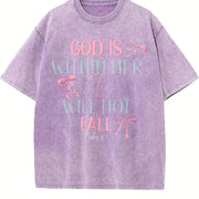 Dual-Sided GOD IS WITHIN HER SHE WILL NOT FALL & Psalm vintage washed oversized T-shirt in Purple