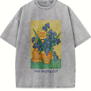 Van Gogh Cat Art Vintage Washed T-Shirt in Gray
