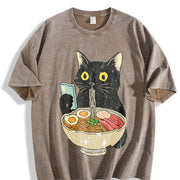 Cat Rahmen Cat Eating Ramen Vintage Washed T-Shirt in Brown