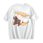 Two Rabbits Lying Blouse for & Cotton T-Shirt in White