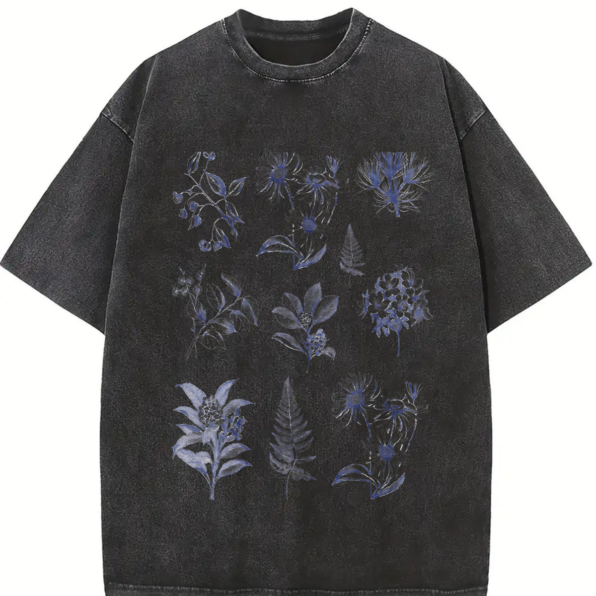 90s Botanical Retro Botanical Wild Flowers Nature Vintage Washed T-Shirt in Black