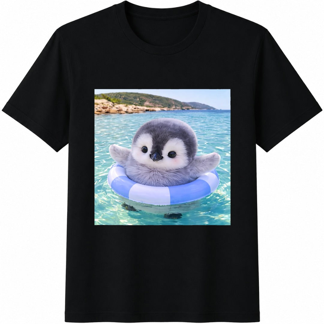 Cute Baby Penguin Float Cotton T-Shirt in Black