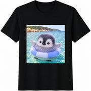 Cute Baby Penguin Float Cotton T-Shirt in Black
