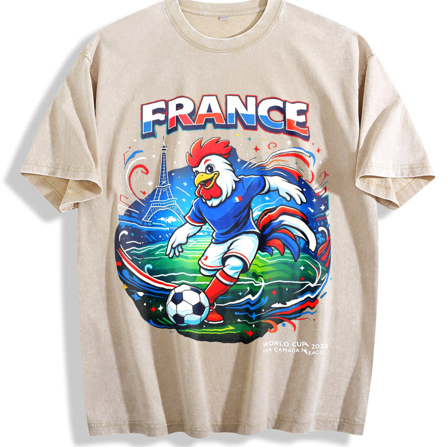 France Rooster Eiffel Tower Football Sleeveless Tank Vintage Washed T-Shirt in Beige