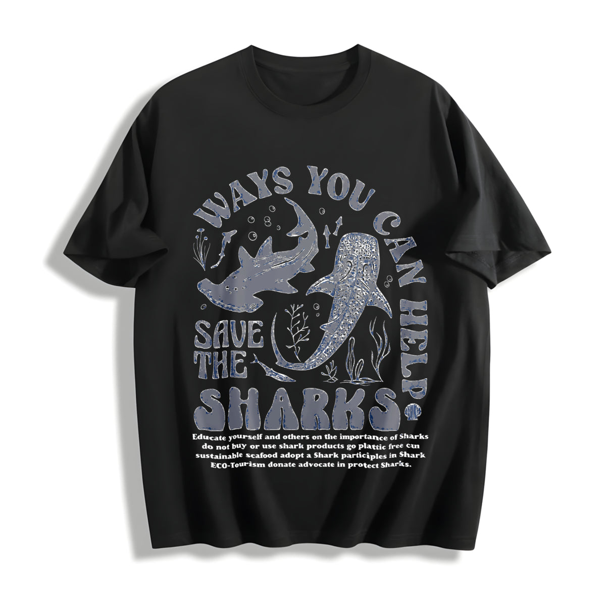 Shark & Letter Ladies for All Seasons Cotton T-Shirt in Black