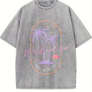 Retro Surf Tropical Beach Sunset Palm Tree and Surf Vintage Washed T-Shirt in Gray
