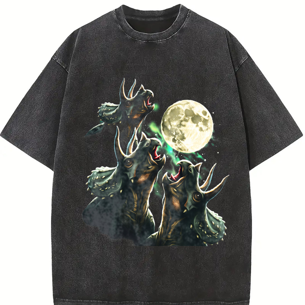 Triceratops Howling to Moon 90s Vintage Washed T-Shirt in Black
