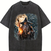 Fantasy Wizard Retro Wizard Moon Spell Vintage Washed T-Shirt in Black