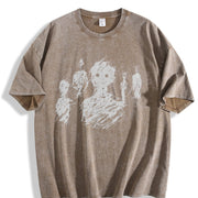 Black with Abstract Character Vintage Washed T-Shirt in Brown