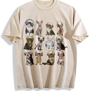 Cats with Headphones Vintage Washed T-Shirt in Beige