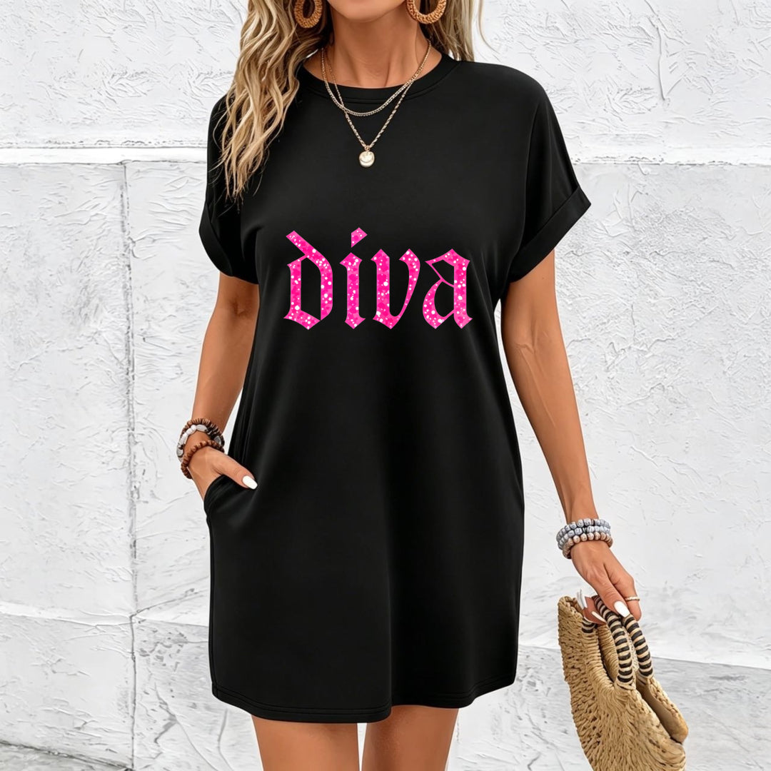 Bling Glitter Short-sleeved Dress Cotton T-Shirt in Black