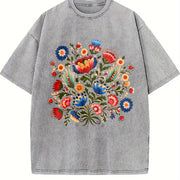 Folk Art Short-sleeve a Bohemian with Faux Embroidered Vintage Washed T-Shirt in Gray