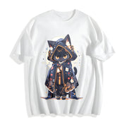 Cute Forest Animal Party Japanese- Black Robe Cat Cotton T-Shirt in White