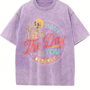 Skeleton Peace Sign Have the Day You Deserve Boxy Vintage Washed T-Shirt in Purple