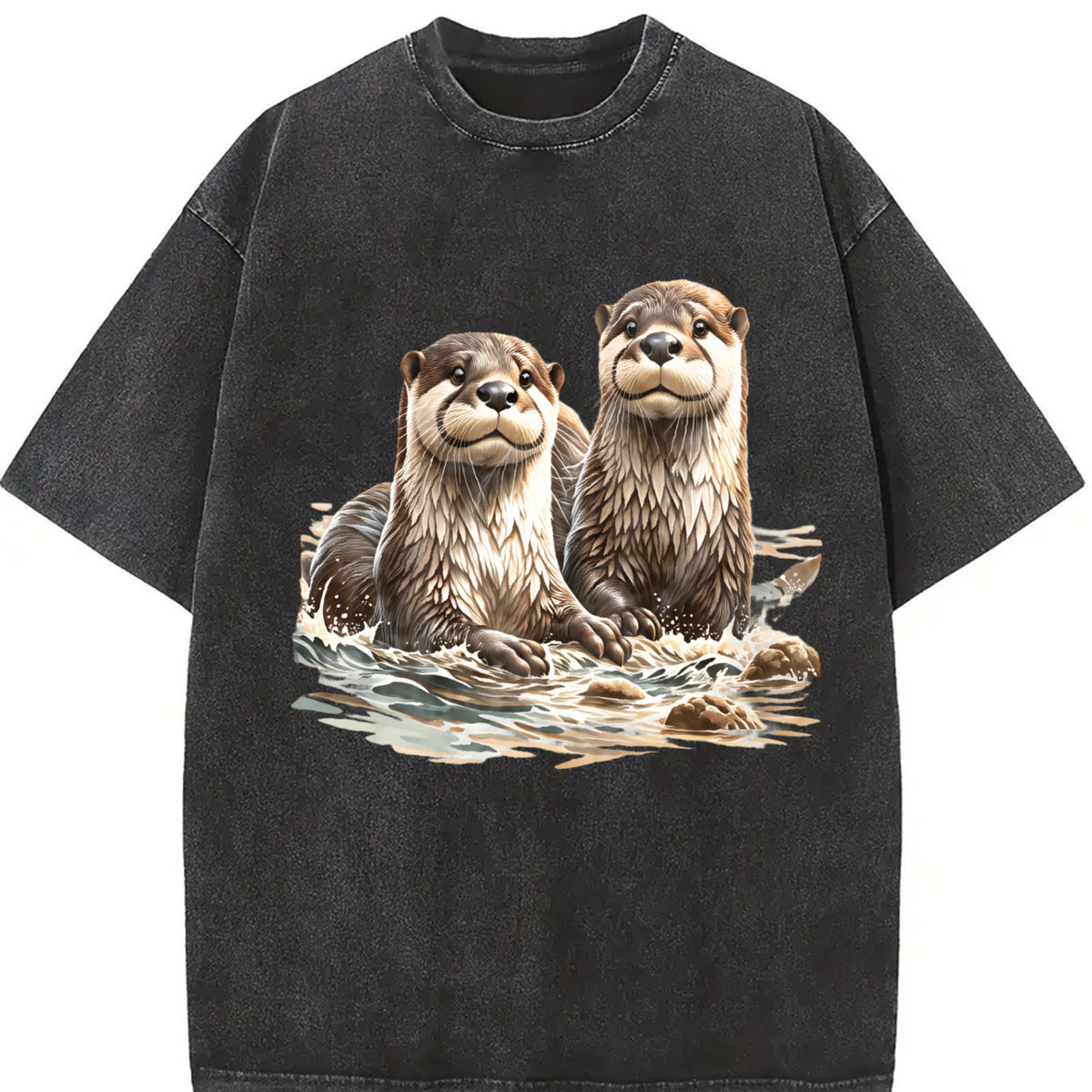 Two River Otters Wilderness 90s Vintage Washed T-Shirt in Black