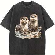 Two River Otters Wilderness 90s Vintage Washed T-Shirt in Black