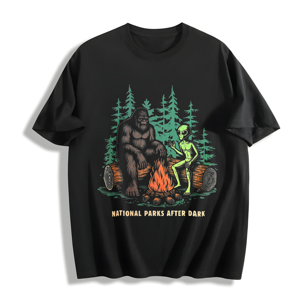 National Parks After Dark Sarcastic Bigfoot Alien Novelty Cotton T-Shirt in Black
