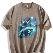 Two Orca Moon Ocean Mystical Orca Vintage Washed T-Shirt in Brown
