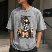 Skull Coffee Peace Sign Vintage Washed T-Shirt in Gray