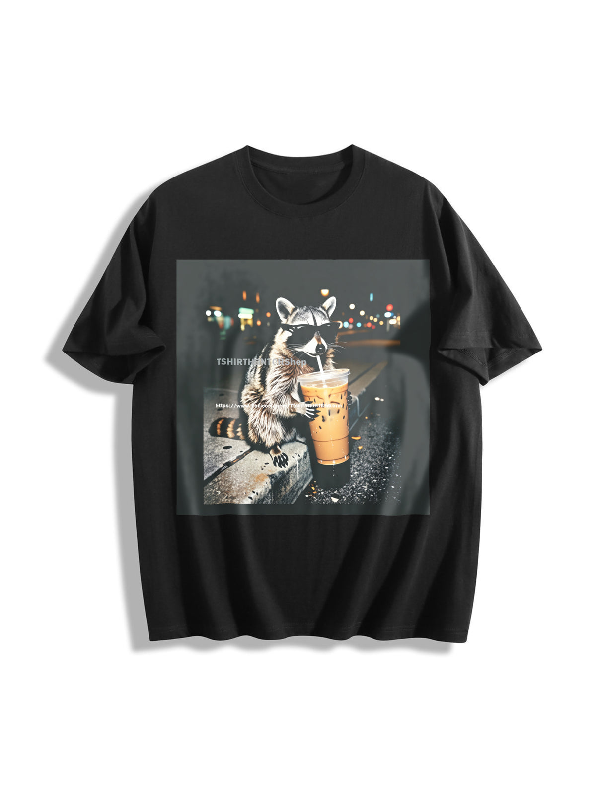 Raccoon Drinking Iced Coffee Cotton T-Shirt in Black