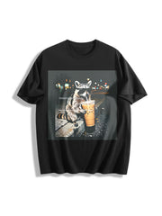 Raccoon Drinking Iced Coffee Cotton T-Shirt in Black