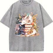 Animal Series: White Dragon Lying on Books with Floral. Vintage Washed T-Shirt in Gray