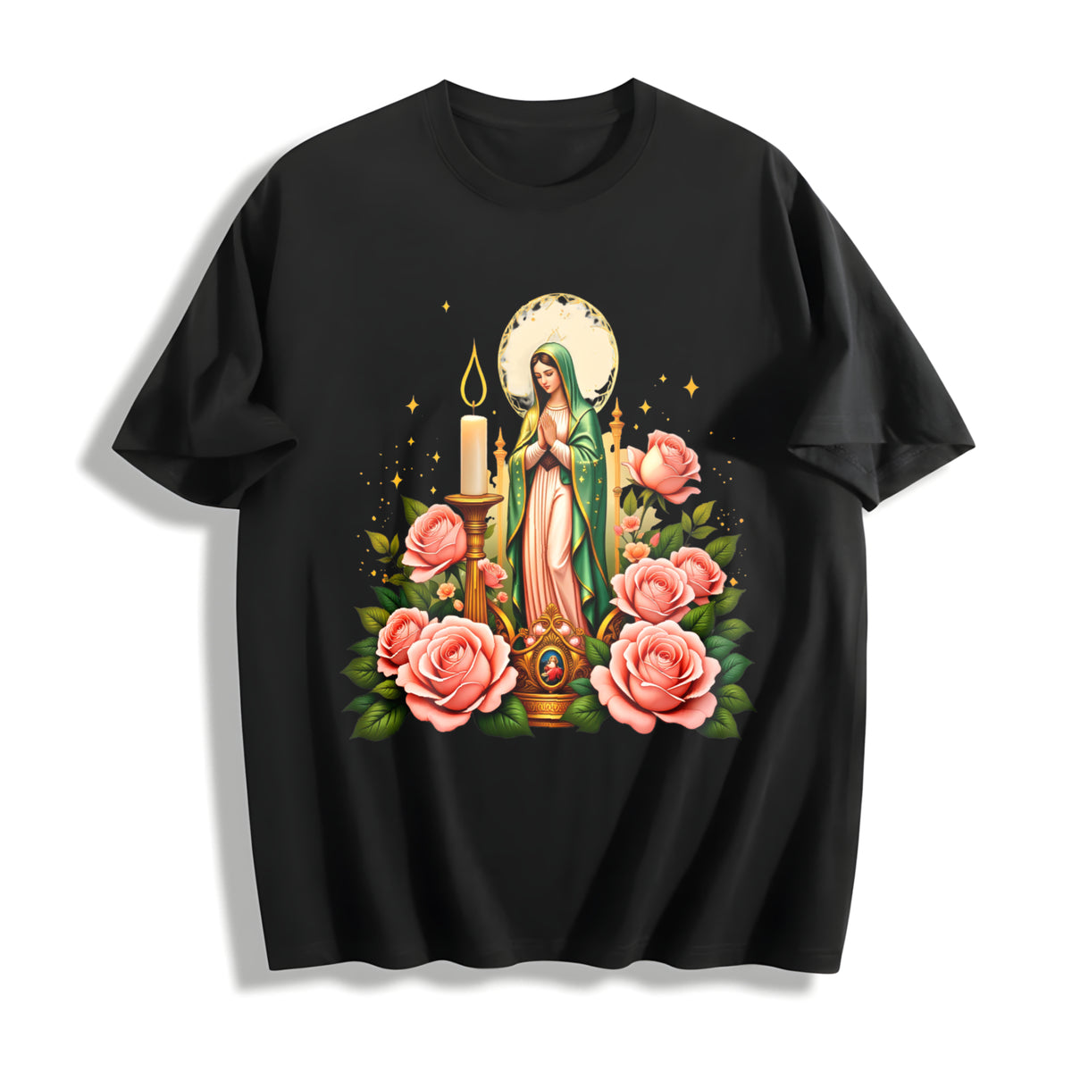 Mexican-inspired Our of Guadalupe & Pink Roses Cotton T-Shirt in Black