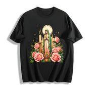 Mexican-inspired Our of Guadalupe & Pink Roses Cotton T-Shirt in Black