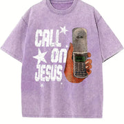 Call on Jesus Flip Phone White Retro Religious Vintage Washed T-Shirt in Purple