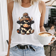 Sleeveless Tank with Cute Cartoon Cow & Beanie Women's Color Cotton Tank Top in White
