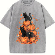 Halloween Holiday Costume Pumpkin Tower with Cat One-piece Vintage Washed T-Shirt in Gray