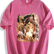 Wild Horses Retro Western Cowboy Vintage Washed T-Shirt in Red