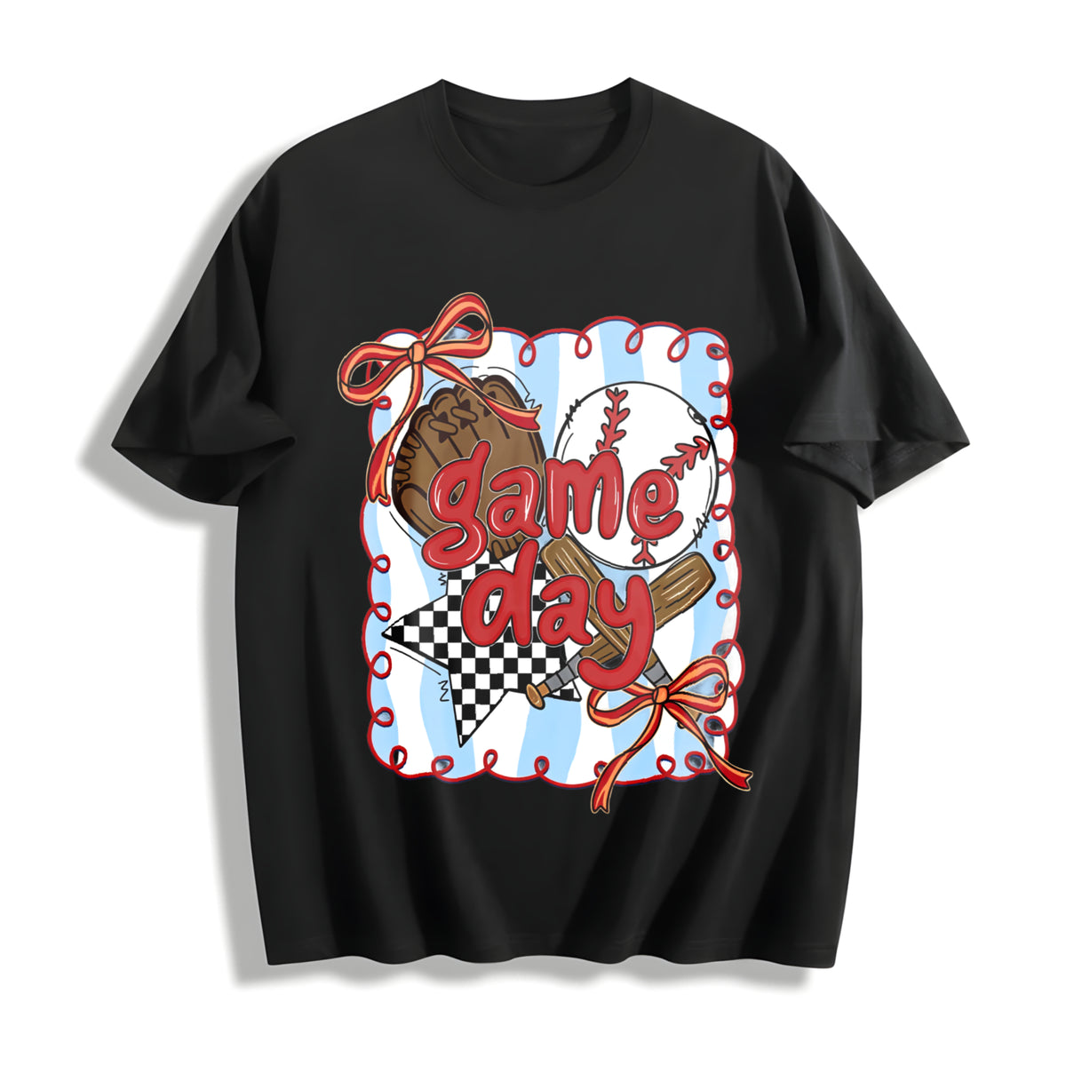 Baseball Game Day Coquette Bow Baseball Mama Cotton T-Shirt in Black