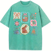 Coquette Easter Bow & Bunny Patchwork vintage washed oversized T-shirt in Blue