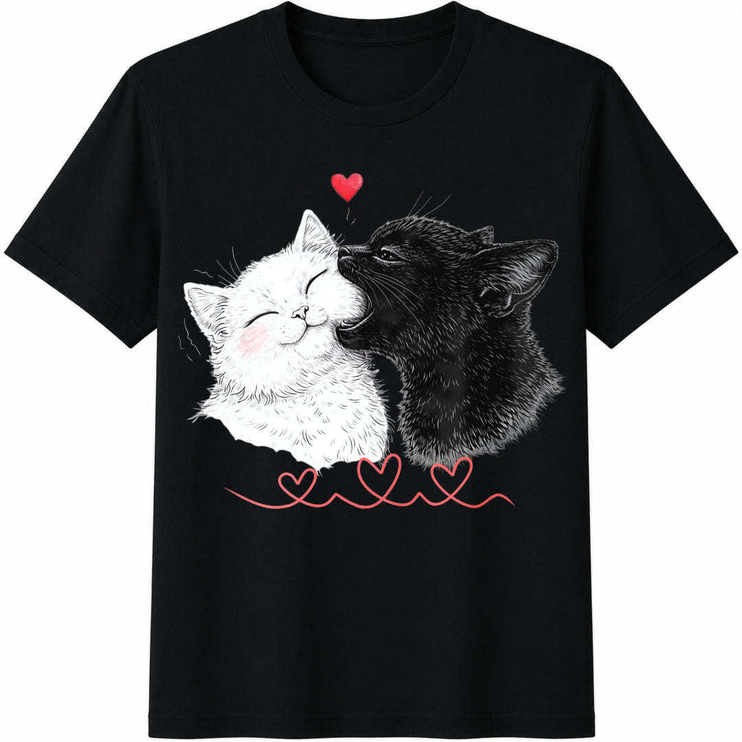 Cat Love Black White Cats Cotton T-Shirt in Black