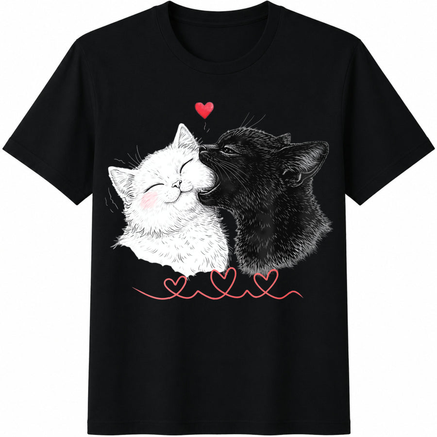 Cat Love Black White Cats Cotton T-Shirt in Black