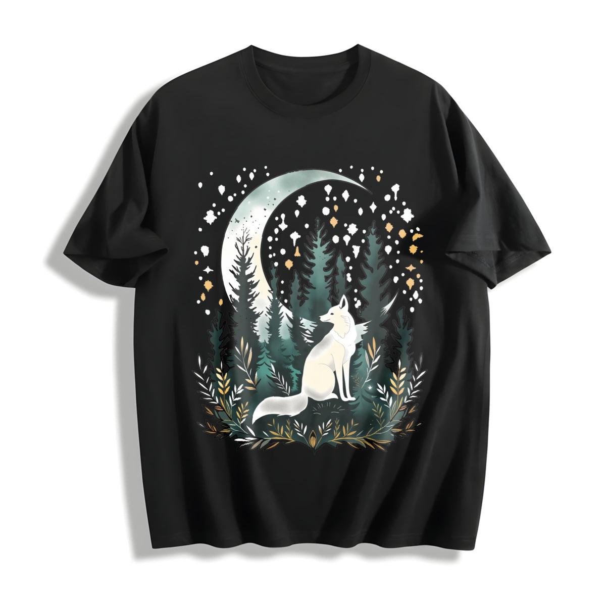 Bohemian Night Fox & Pine Forest Cotton T-Shirt in Black