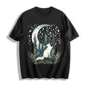 Bohemian Night Fox & Pine Forest Cotton T-Shirt in Black