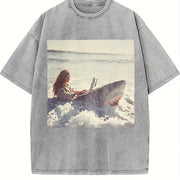 Woman with a Laptop in the Ocean Vintage Washed T-Shirt in Gray