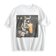 Raccoon Drinking Iced Coffee Cotton T-Shirt in White