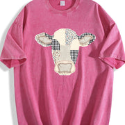 Faux Patchwork Cow Vintage Washed T-Shirt in Red