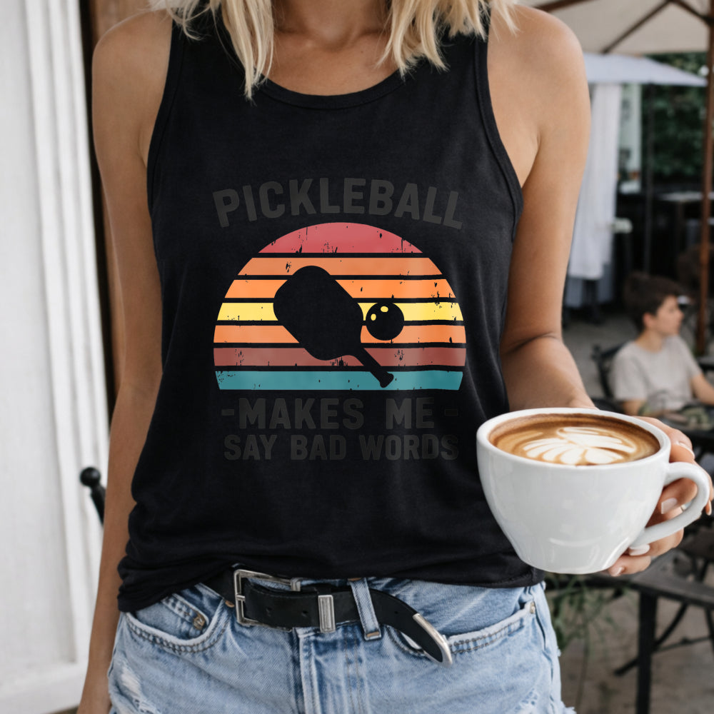 Pickleball Makes Me Say Bad Words Crew-neck Sleeveless Women's Color Cotton Tank Top in Black