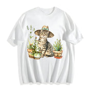 Cat and Plant Gardening Cat Cotton T-Shirt in White